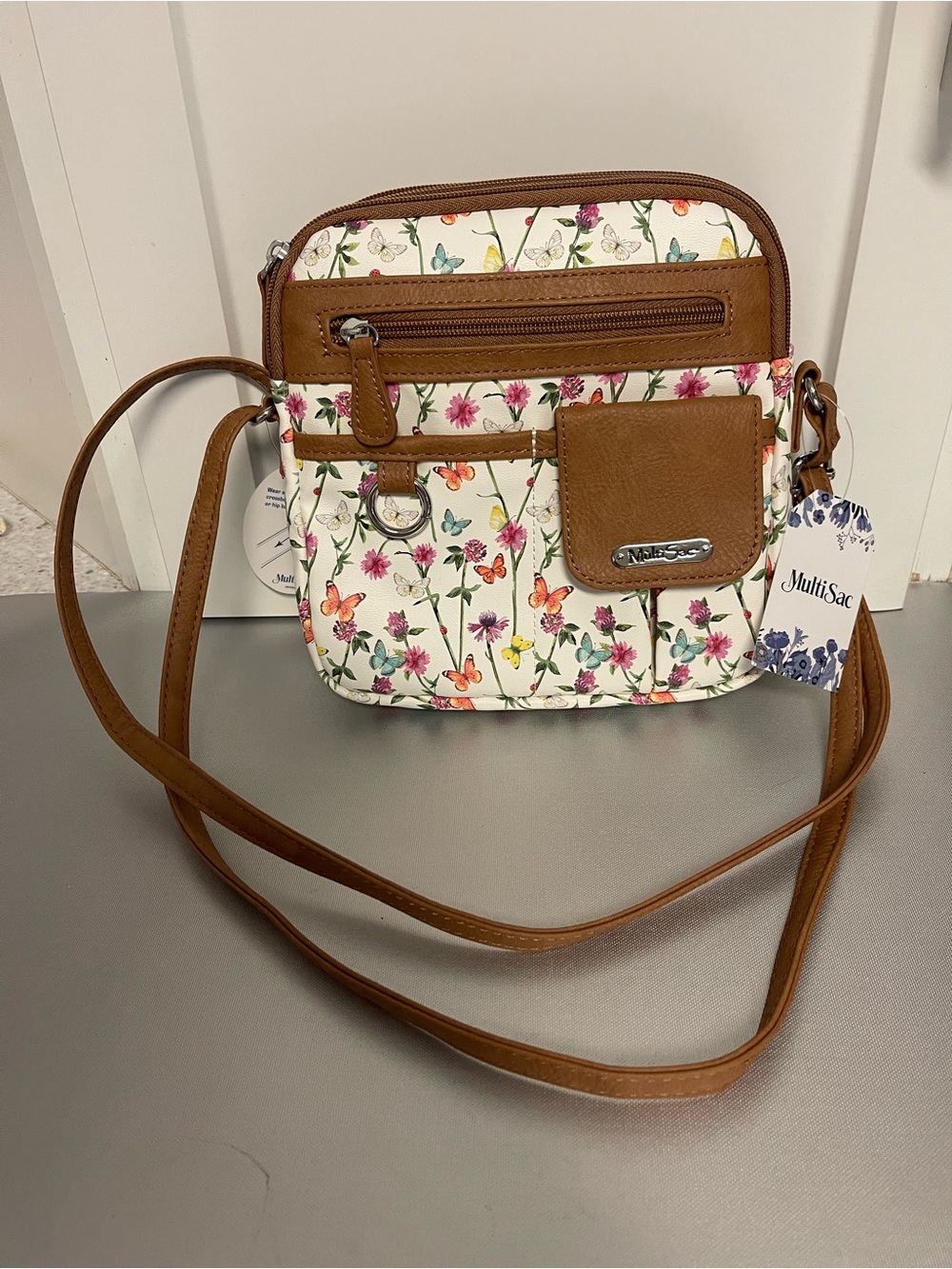 MultiSac Women’s North South Mini Zip Around Floral Crossbody Bag Brown Trim NWT